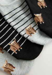 Zestaw trzech skarpetek w kolorach czarnym, szarym i w paski. Z ozdobnymi wzorami zwierząt w odcieniach beżu i brązu. Miękki, elastyczny materiał.
