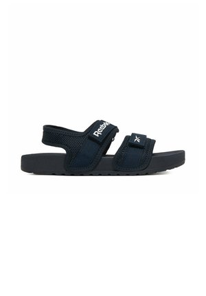 Sandalo nero Reebok con due cinturini in velcro regolabili e suola imbottita, progettato per comfort e uso casual.