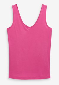 Pink sleeveless tank top with a v-neckline. Made of soft fabric, it features clean seams and a smooth texture. No additional patterns or accents.