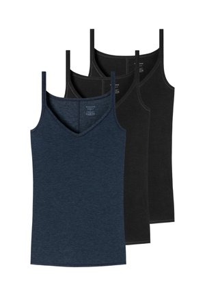Trois camisoles pour femmes sans manches avec de fines bretelles, deux en noir et une en bleu foncé, superposées de manière décalée.
