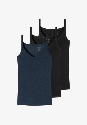 Trois camisoles pour femmes sans manches avec de fines bretelles, deux en noir et une en bleu foncé, superposées de manière décalée.
