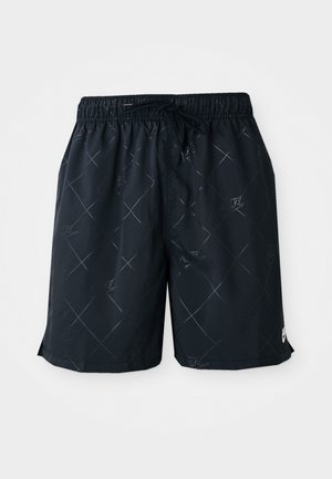Sorte badeshorts med diamantmønster og Nike-logo, lavet af letvægtsmateriale. Har en elastisk talje med snor.