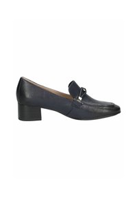 Mocasines de cuero azul marino con punta redondeada y un tacón bajo. Presentan un sutil acento metálico cerca del empeine. Textura suave.