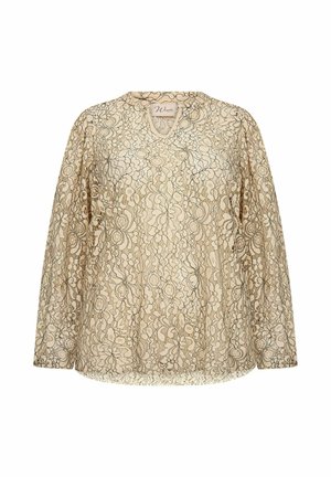 Beige Spitzentop mit V-Ausschnitt, langen Ärmeln und Blumenmustern. Bietet eine lockere Passform und detaillierte Verzierungen im gesamten Stoff.