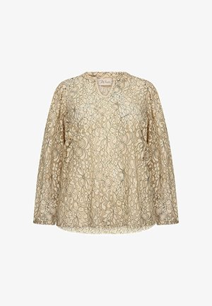 Bežinė nėriniuota bluzelė su V formos iškirpte, ilgomis rankovėmis ir gėlių raštais. Turi laisvą kirpimą ir sudėtingą apdailą visame audinyje.