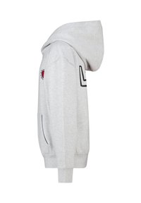 Grijze hoodie met een kangoeroezak, ribgebreide manchetten en een grafisch ontwerp op de voorkant met een hart- en zonmotief. Zachte stoftextuur.