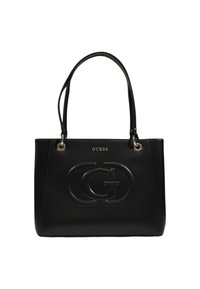 Schwarze Leder-Tote-Tasche mit geprägt Logo, zwei Tragegriffen und goldfarbenen Akzenten. Besitzt eine elegante rechteckige Form und eine glatte Textur.