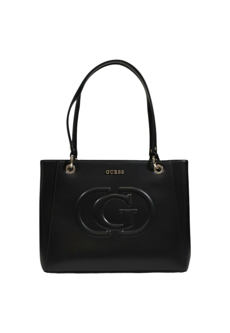Schwarze Leder-Tote-Tasche mit geprägt Logo, zwei Tragegriffen und goldfarbenen Akzenten. Besitzt eine elegante rechteckige Form und eine glatte Textur.