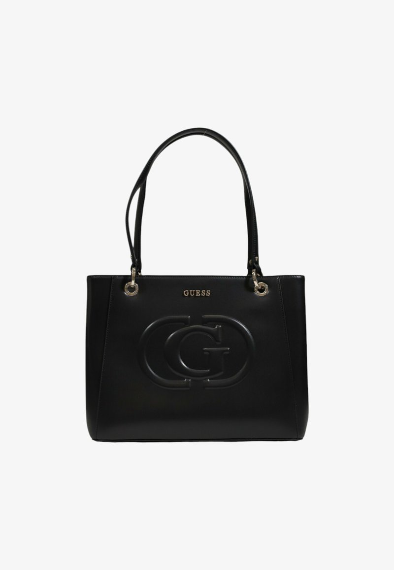 Schwarze Leder-Tote-Tasche mit geprägt Logo, zwei Tragegriffen und goldfarbenen Akzenten. Besitzt eine elegante rechteckige Form und eine glatte Textur.