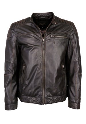 Schwarze Lederjacke mit Reißverschluss vorne, Stehkragen und gesteppten Schulterakzenten. Sie verfügt über Reißverschlusstaschen auf der Brust und an den Seiten.