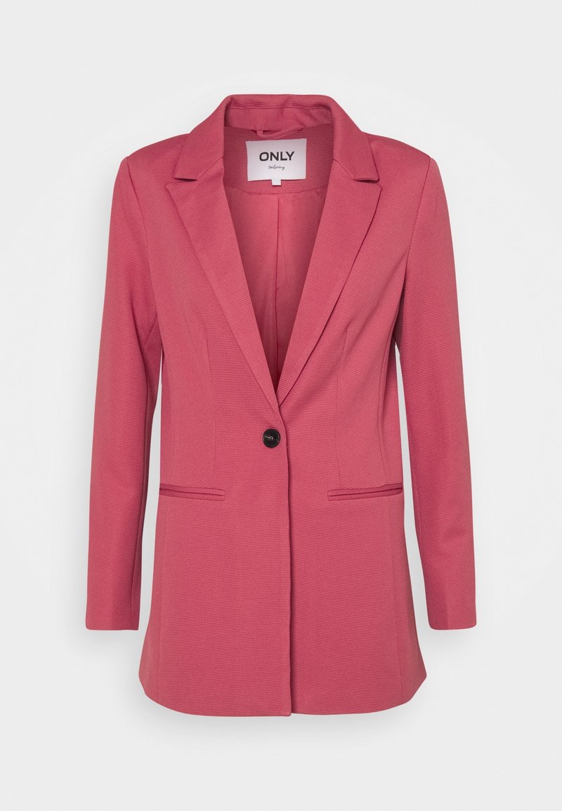 Blazer rose poudré pour femme à un bouton, avec revers crantés et deux poches fendues devant, présenté sur fond uni.
