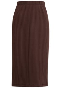 Brauner, gerippter Midirock mit elastischem Taillenbund, der vertikale Streifen und eine figurbetonte Silhouette aufweist. Glatte Textur und knielanges Design.