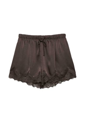 Shorts en satin marron avec taille élastique, cordon de serrage et bordure en dentelle festonnée le long de l'ourlet.
