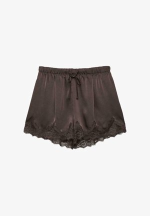 Hnedé saténové šortky s elastickým pásom, šnúrkou na zaviazanie a zvlnenou čipkovou lemovkou pozdĺž lemu.