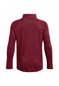 Red long-sleeve pullover with a mock collar, textured fabric, and contrasting logo on the back. Features ribbed cuffs and hem.