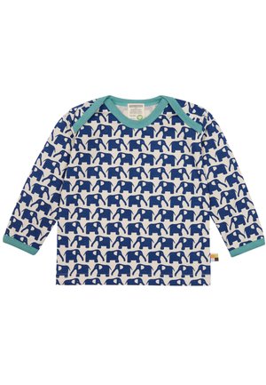 Langarmshirt aus weicher Baumwolle mit einem sich wiederholenden blauen Elefantenmuster auf weißem Hintergrund, mit türkisfarbener Kragen- und Manschetten.