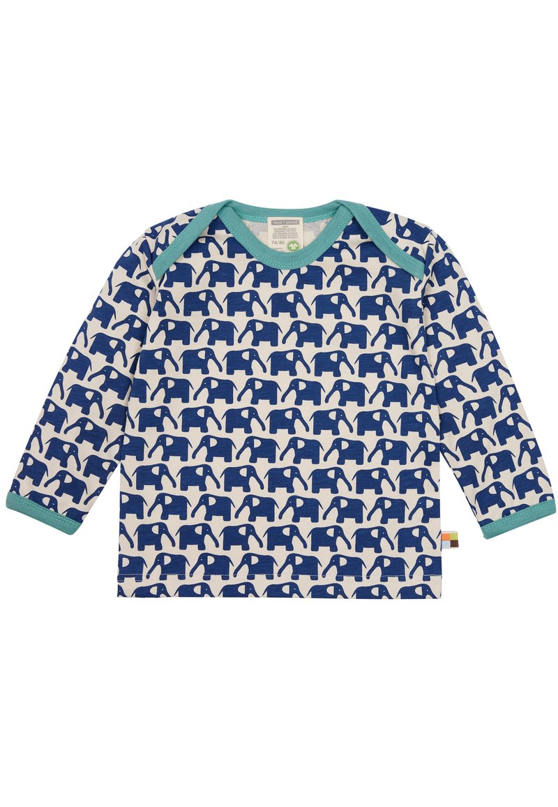 Camicia a maniche lunghe in morbido cotone con un motivo ripetuto di elefanti blu su sfondo bianco, con colletto e polsini turchesi.