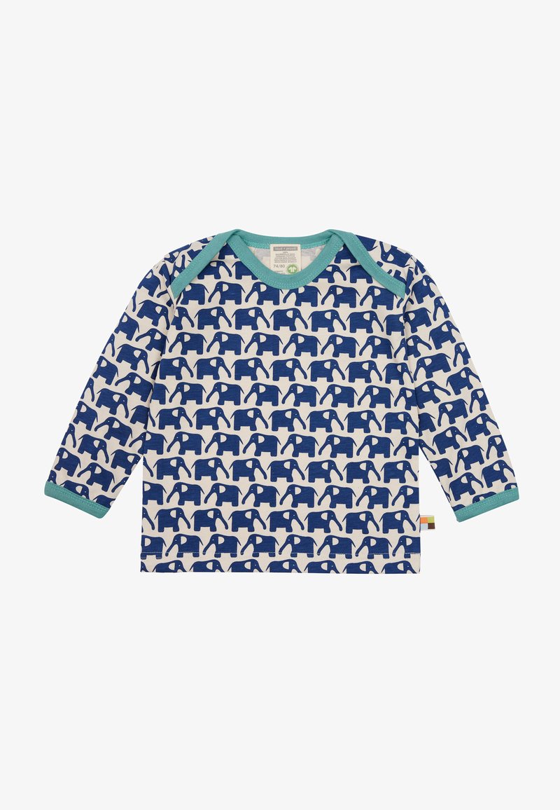 Langarmshirt aus weicher Baumwolle mit einem sich wiederholenden blauen Elefantenmuster auf weißem Hintergrund, mit türkisfarbener Kragen- und Manschetten.