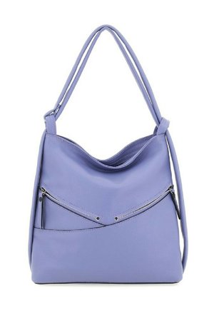 Borsa a tracolla in pelle viola con un design morbido. Presenta due tasche diagonali con zip e due tracolle allungate. Texture liscia.