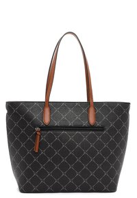Zwarte totebag van gestructureerd synthetisch materiaal, met bruine leren handvatten, geometrisch patroon en een ritszak aan de voorkant.