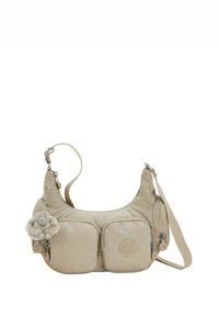 Beige Nylon-Shopper mit zwei Vordertaschen, subtilen geometrischen Mustern und einem dekorativen Plüschelefantanhänger. Verstellbarer Riemen.