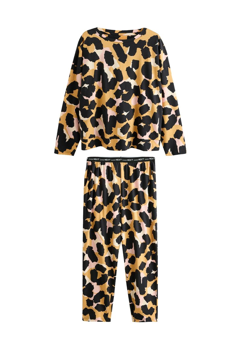 Set di maglia a maniche lunghe e pantaloni con motivo leopardato nero, marrone e rosa pallido, vita elastica con testo "Love Next".
