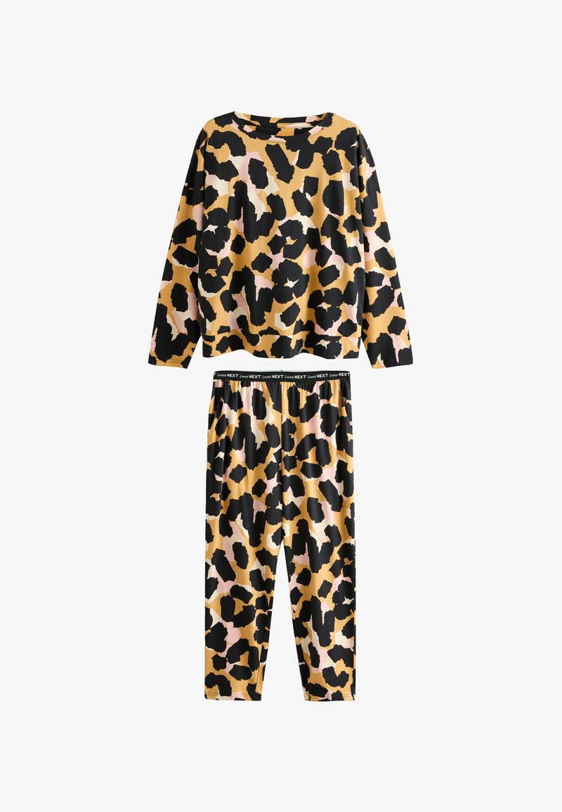 Ilgiem piedurknēm tops un bikses komplekts ar melniem, brūniem un gaiši rozā leoparda raksta motīviem, elastīga josta ar tekstu "Love Next".