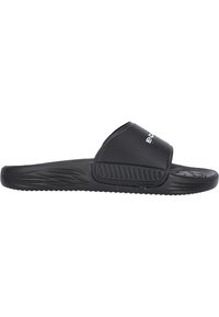 Zwarte slide sandalen met een gladde rubberen bovenkant en een gestructureerde band. Voorzien van een gegroefde zool voor grip en een eenvoudig ontwerp zonder patronen.