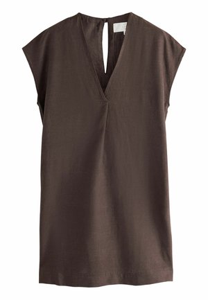 Ärmelloses dunkelbraunes Leinenkleid mit V-Ausschnitt und kleinem Schlüsselloch am hinteren Hals.