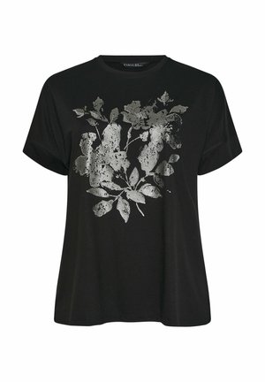 Schwarzes Kurzarm-T-Shirt aus weichem Stoff, mit einem silbernen Blumenmuster auf der Vorderseite, entspannt geschnitten und mit Rundhalsausschnitt.