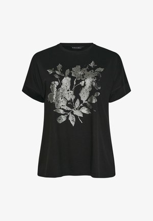 Black short-sleeve t-shirt made of soft fabric, featuring a silver floral design on the front, with a relaxed fit and crew neckline.