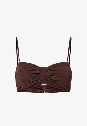 Ruskea teksturoitu bandeau-bikinitoppi, jossa on ohuet säädettävät olkaremmit ja etuosassa rypytetty yksityiskohta sekä pieni hopeinen lukko.