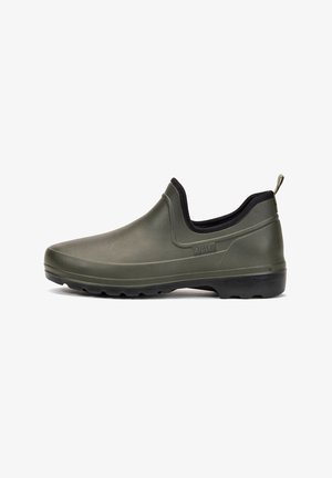 Green rubber slip-on shoe with a black inner lining, featuring a textured sole for traction and a rear pull tab for easy wear.