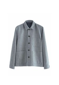 Grå vævet stofjakke med krave, frontlukning med knapper, to store forlommer og en enkelt brystlomme. Glat tekstur.
