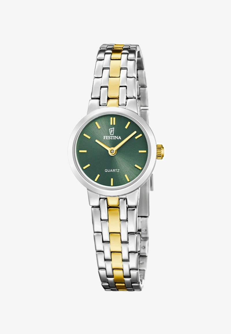 Orologio Festina con quadrante verde, marcatori e lancette delle ore dorati, bracciale in metallo argentato e dorato a maglie, movimento al quarzo, faccia rotonda.