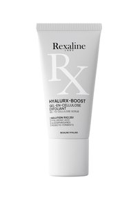 Weißer Drucktube mit geripptem Deckel; beschriftet mit "Rexaline Labs HyalurX-Boost Gel-en-Cellulose Peeling" und Produktdetails in schwarzem Text.