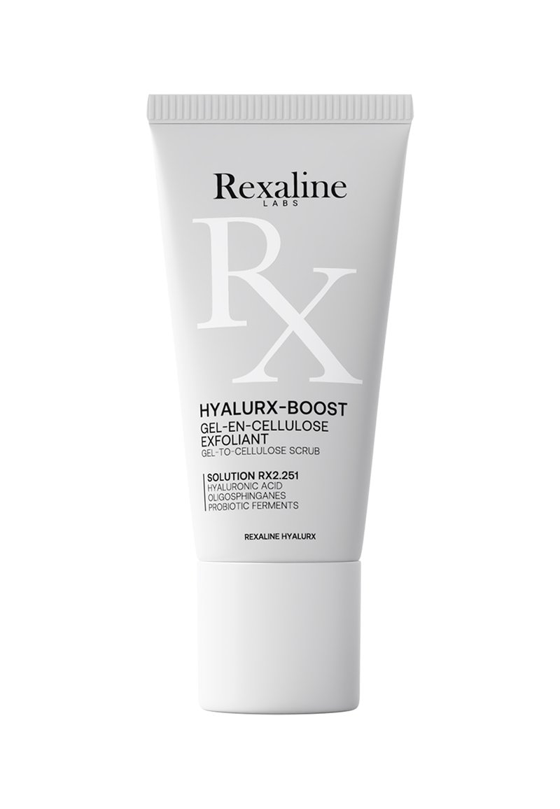 Weißer Drucktube mit geripptem Deckel; beschriftet mit "Rexaline Labs HyalurX-Boost Gel-en-Cellulose Peeling" und Produktdetails in schwarzem Text.