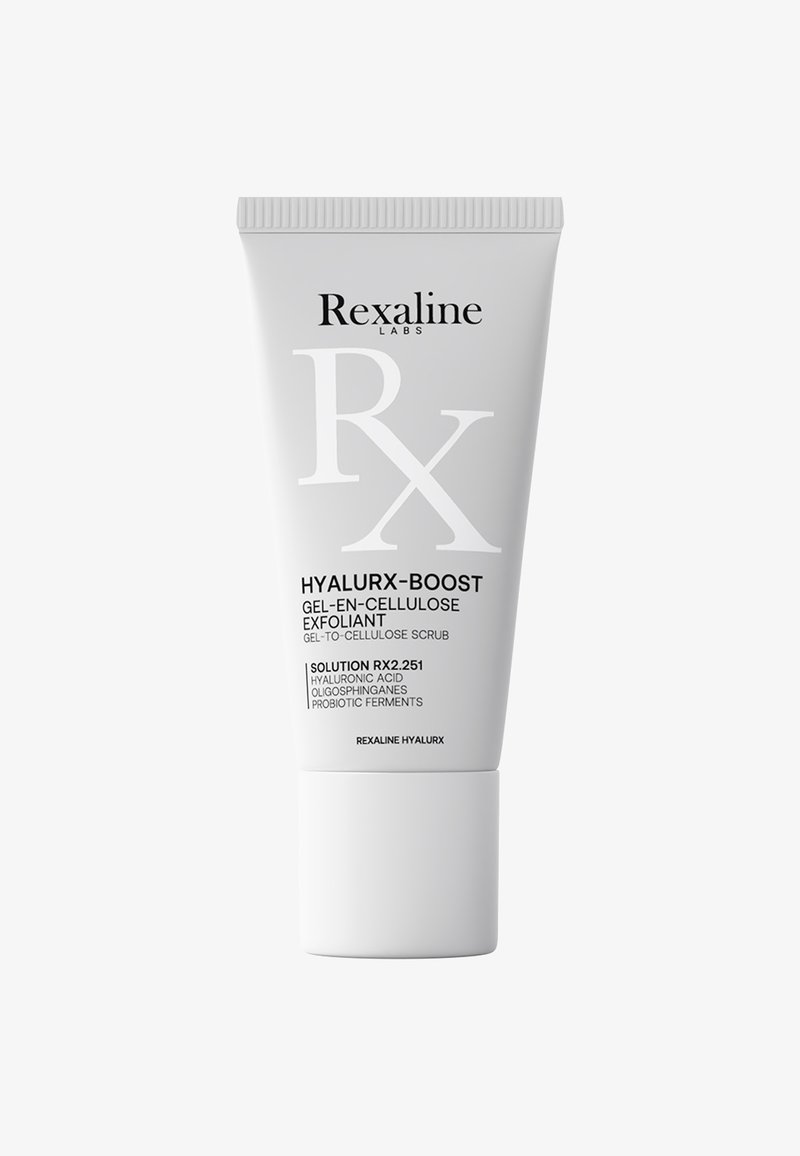 Tube bianco con tappo rigato; etichettato "Rexaline Labs HyalurX-Boost Gel-en-Cellulose Exfoliant" con dettagli del prodotto in testo nero.