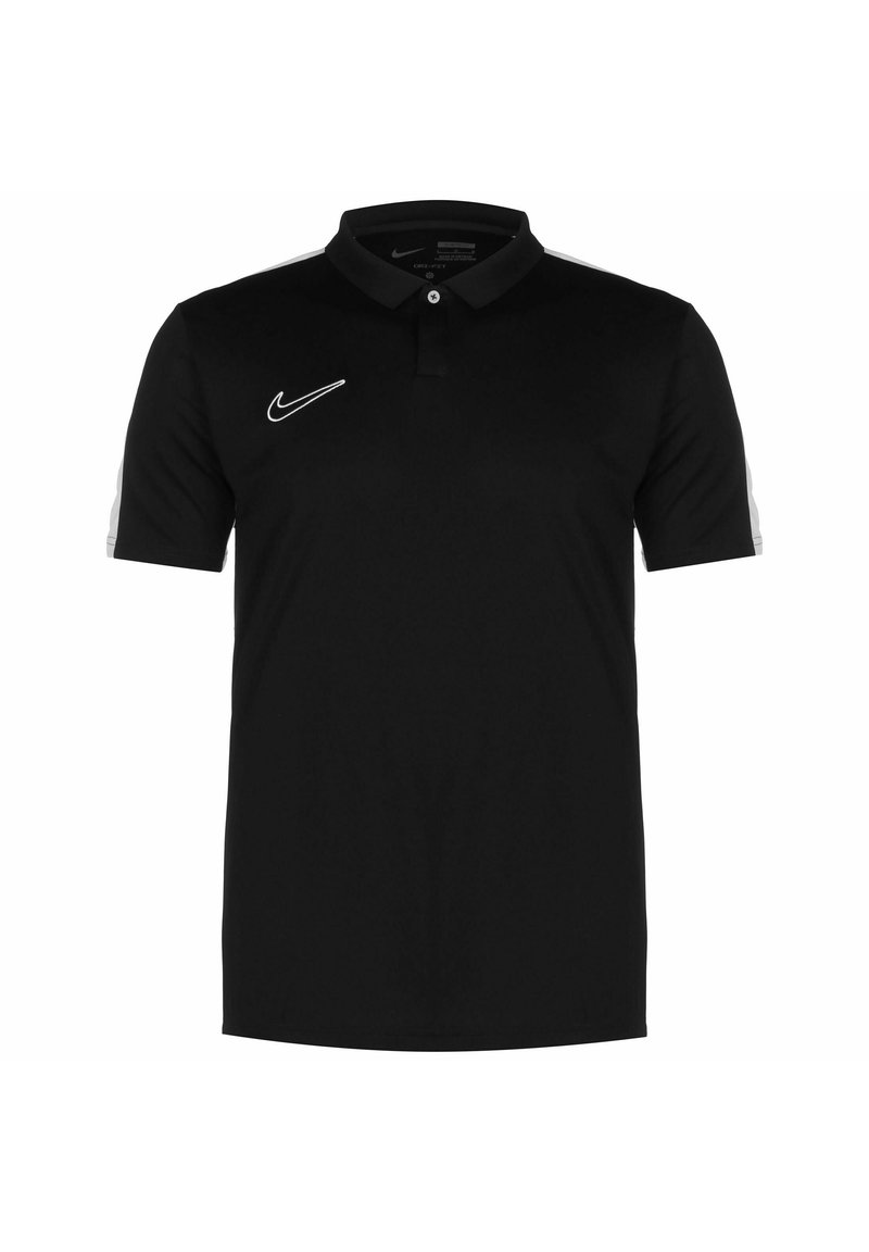 Zwarte polo van katoen, met een kraag, korte mouwen en een wit Nike-logo op de linkerborst en schouderaccenten.