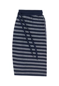 Gestreepte rok van marineblauwe en grijze stof, met een koordsluiting in de taille en een aansluitend ontwerp. Soepele textuur en knielange snit.