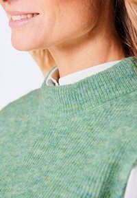 Groene gebreide trui met een hoge hals, gemaakt van een textuurrijke stoffenmix en subtiele lichtblauwe spikkels, gelaagd over een witte kraag van een shirt.