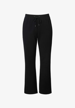 Pantaloni della tuta neri realizzati in tessuto morbido, con vita regolabile tramite cordino, gambe svasate e tasche laterali per praticità.