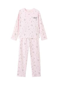Roze pyjama set met lange mouwen en een wit gestreept patroon, met cartoonontwerpen en de tekst "SNOOPY." Zachte stof, relaxte pasvorm en elastische tailleband.
