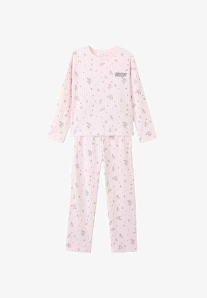 Ensemble de pyjama à manches longues rose avec un motif rayé blanc, présentant des dessins de dessins animés et le texte "SNOOPY". Tissu doux, coupe décontractée et taille élastique.