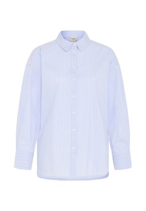 Világoskék, hosszú ujjú, gombos ing fehér tűcsíkokkal és klasszikus gallérral.