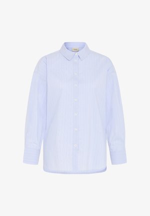 Lichtblauw overhemd met lange mouwen, witte fijne strepen en een klassieke kraag.