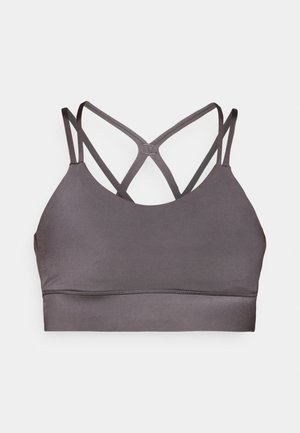 Dark gray sports bra with double thin shoulder straps and crisscross design on the back, seamless underband, smooth fabric finish.