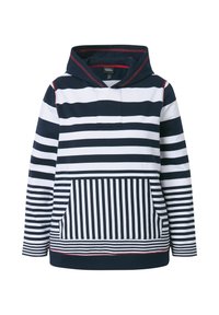 Sweat-shirt à capuche présentant des rayures bleu marine et blanches, une poche avant avec un motif de rayures verticales, un tissu doux et un ourlet côtelé.