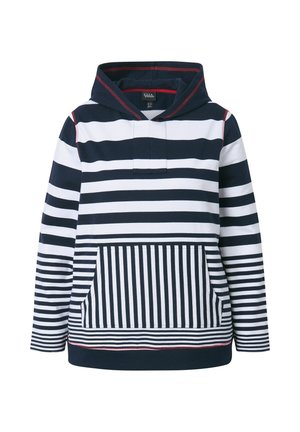 Felpa con cappuccio caratterizzata da strisce blu navy e bianche, tasca frontale con motivo a strisce verticali, tessuto morbido e orlo a coste.