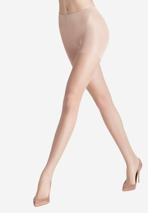 Helle, transparente Strumpfhosen mit glatter Textur, die einen hohen Bund haben, bis zur Mitte des Oberschenkels reichen und mit hellrosa High Heels kombiniert sind.